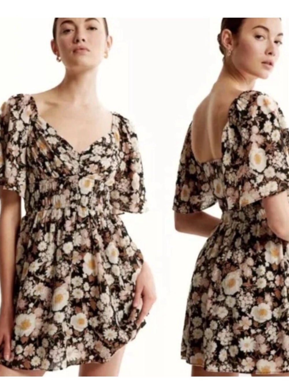 Abercrombie & Fitch Black Floral Puff-Sleeve Smocked Mini Dress